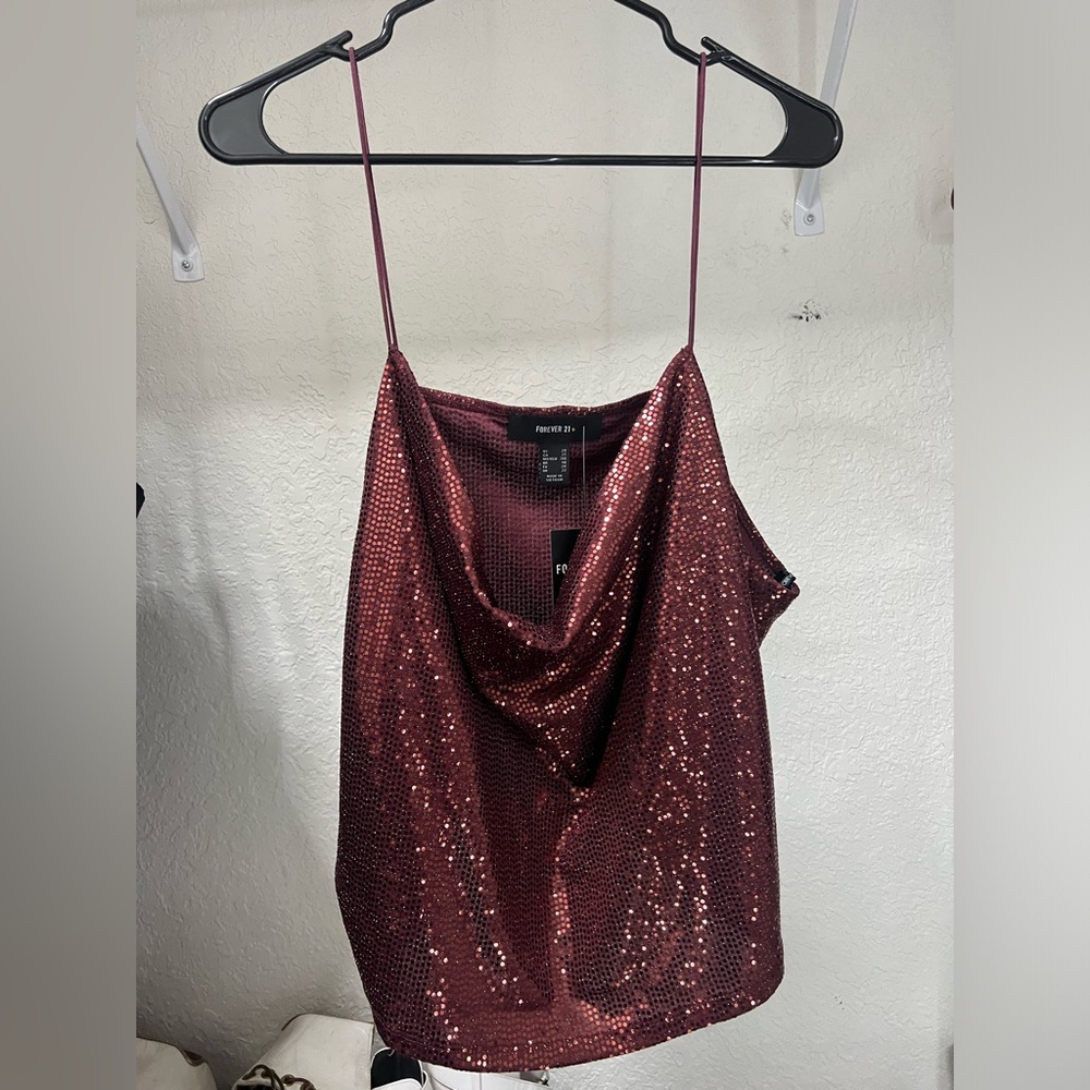 Cowl neck Red burgundy sequin cropped tank top